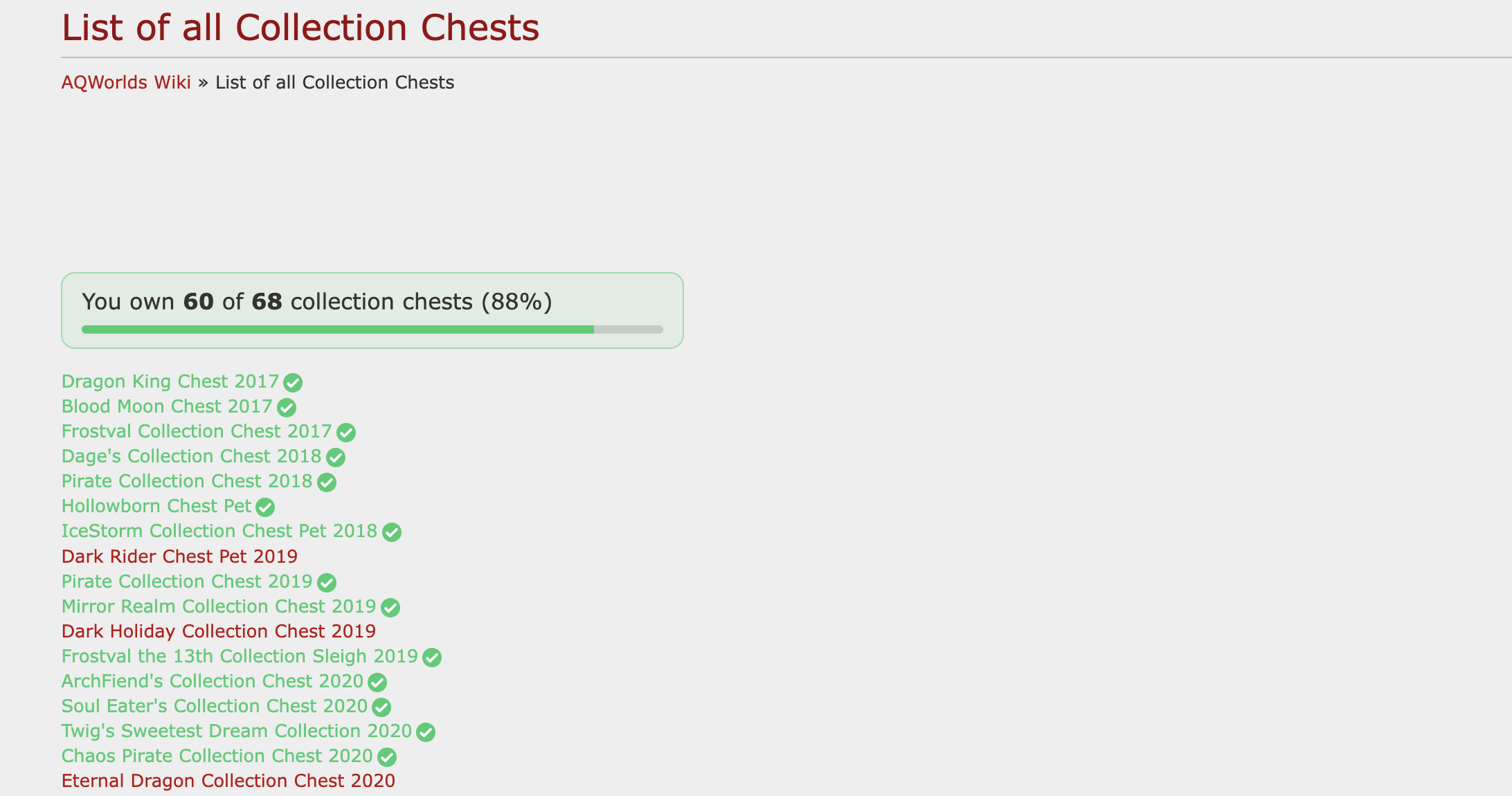 A collection progress counter on a wiki list page