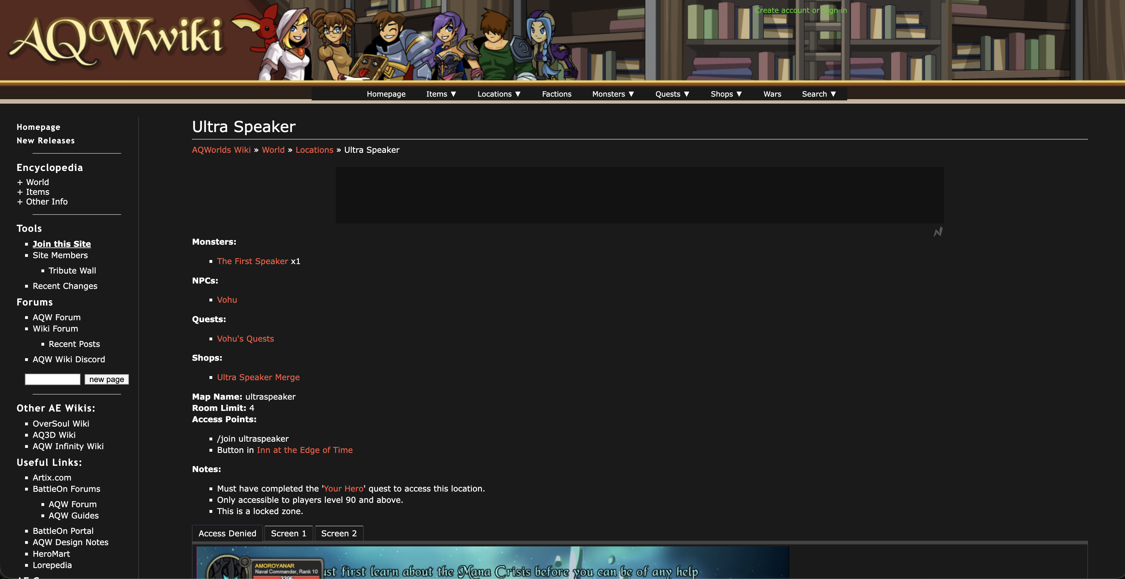 The AQW Wiki in Lodestar's dark theme