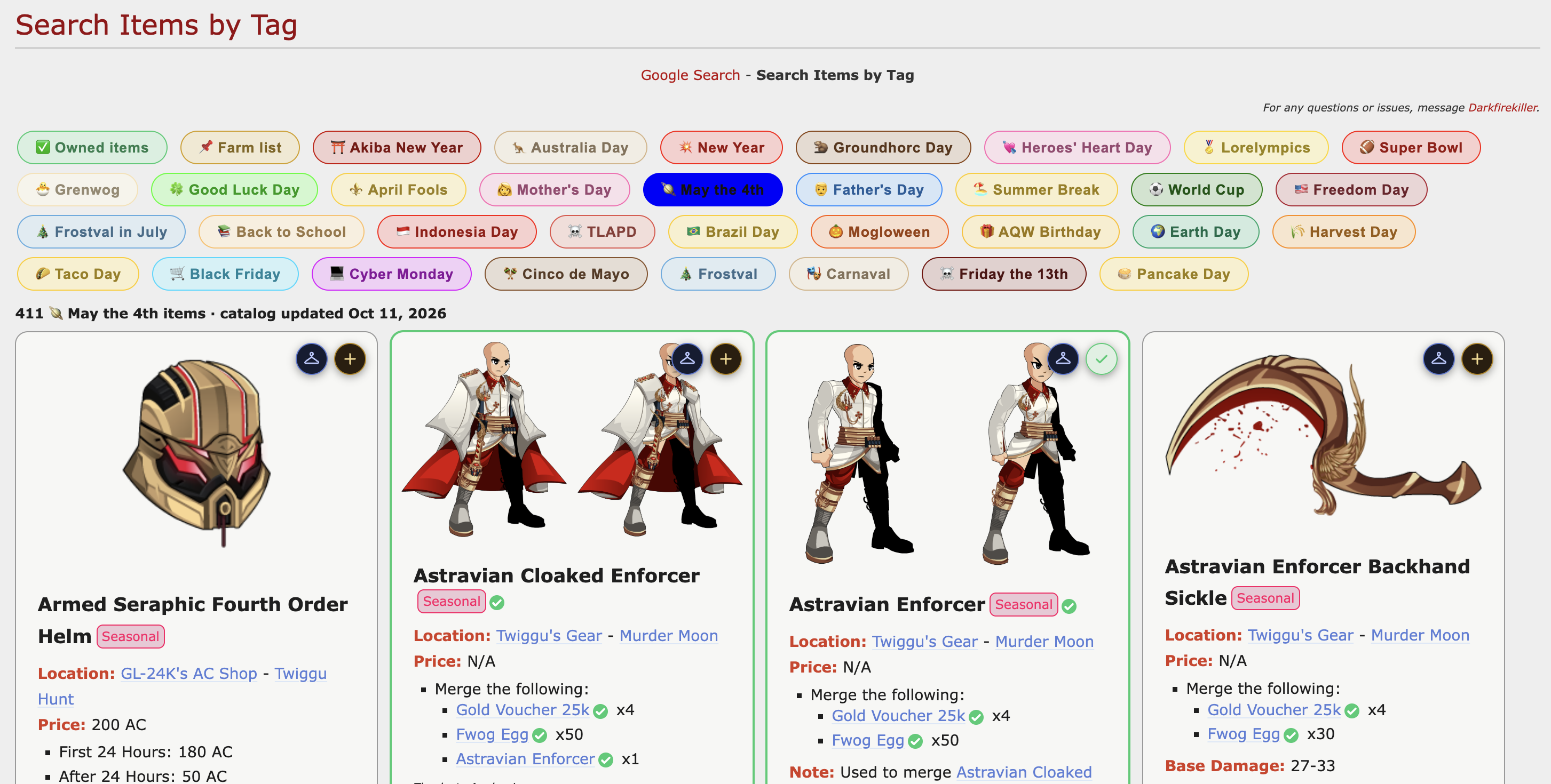 Event item list buttons and cards on the wiki