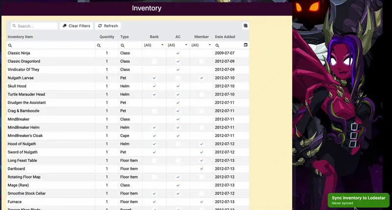 The Sync inventory button on account.aq.com